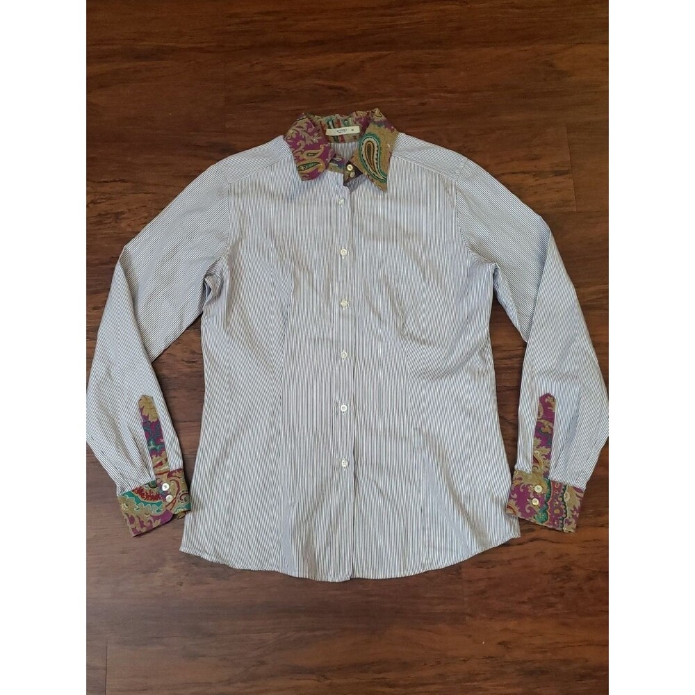 Etro Womens Pinstripe Dress Shirt Size 46 Paisley Accent Collar & Cuffs